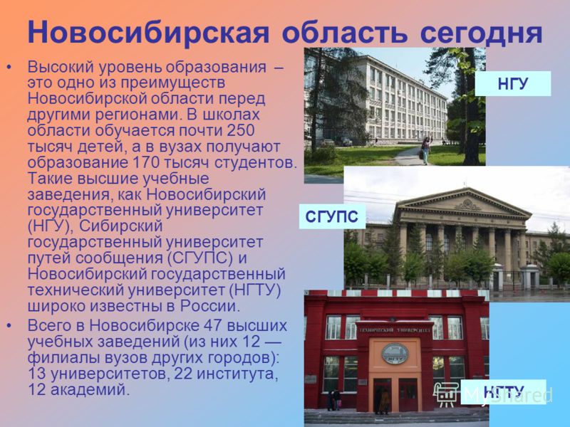 Высокий уровень образования – это одно из преимуществ Новосибирской области перед другими регионами. В школах области обучается почти 250 тысяч детей, а в вузах получают образование 170 тысяч студентов. Такие высшие учебные заведения, как Новосибирск