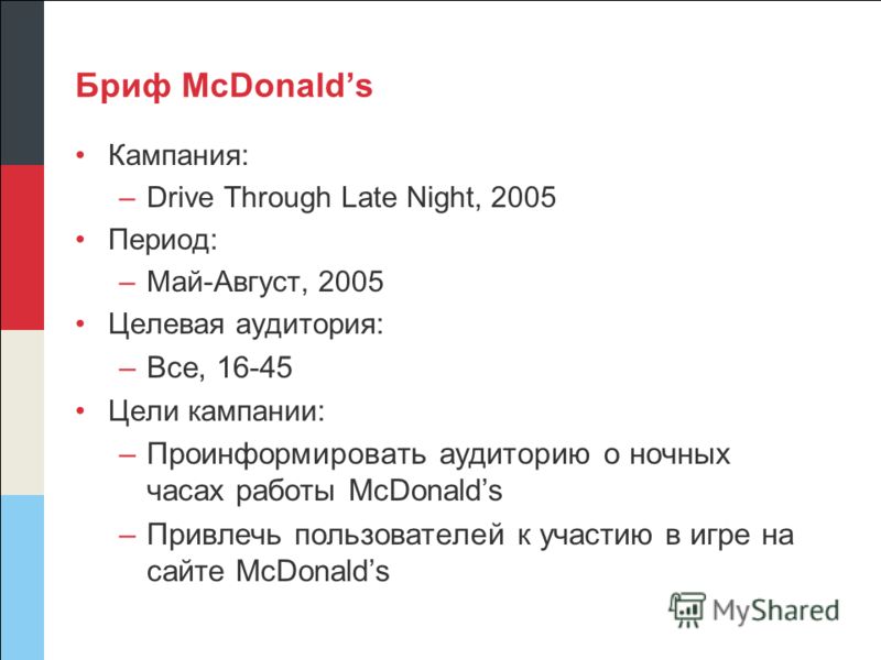 Бриф McDonalds Кампания: –Drive Through Late Night, 2005 Период: –Май-Август, 2005 Целевая аудитория: –Все, 16-45 Цели кампании: –Проинформировать аудиторию о ночных часах работы McDonalds –Привлечь пользователей к участию в игре на сайте McDonalds