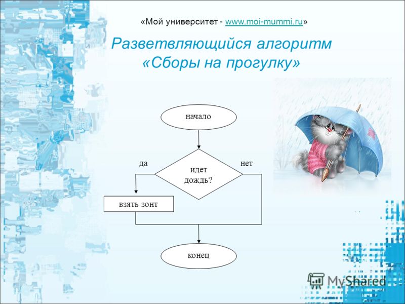 Разветвляющийся алгоритм «Сборы на прогулку» идет дождь? взять зонт данет начало конец «Мой университет - www.moi-mummi.ru»www.moi-mummi.ru