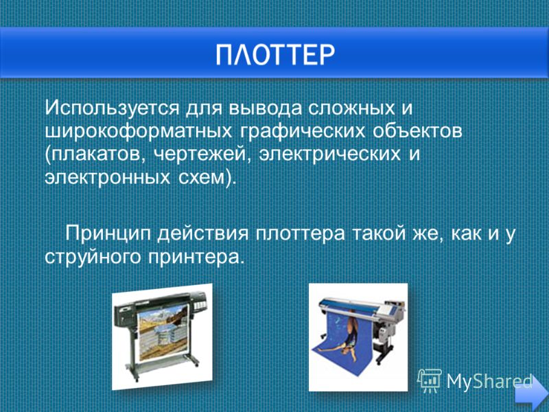 Используется для вывода сложных и широкоформатных графических объектов (плакатов, чертежей, электрических и электронных схем). Принцип действия плоттера такой же, как и у струйного принтера.