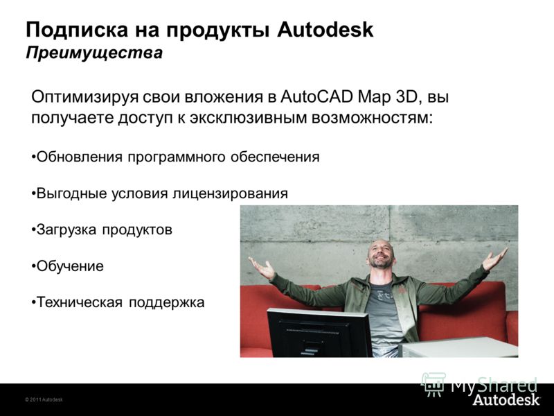 © 2011 Autodesk Подписка на продукты Autodesk Преимущества Оптимизируя свои вложения в AutoCAD Map 3D, вы получаете доступ к эксклюзивным возможностям: Обновления программного обеспечения Выгодные условия лицензирования Загрузка продуктов Обучение Те