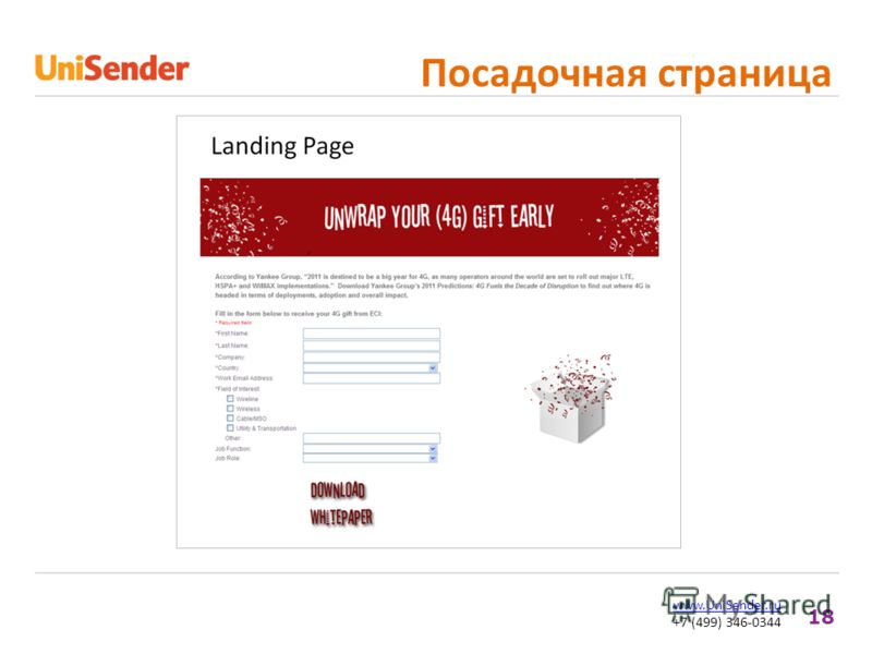 18 www.UniSender.ru +7 (499) 346-0344 Посадочная страница