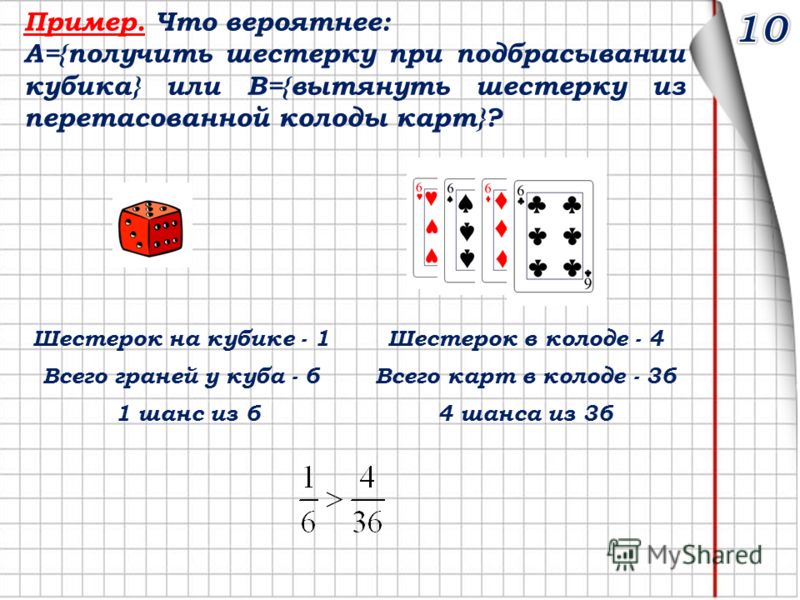Пример. Что вероятнее: А={получить шестерку при подбрасывании кубика} или В={вытянуть шестерку из перетасованной колоды карт}? Шестерок на кубике - 1 Всего граней у куба - 6 1 шанс из 6 Шестерок в колоде - 4 Всего карт в колоде - 36 4 шанса из 36