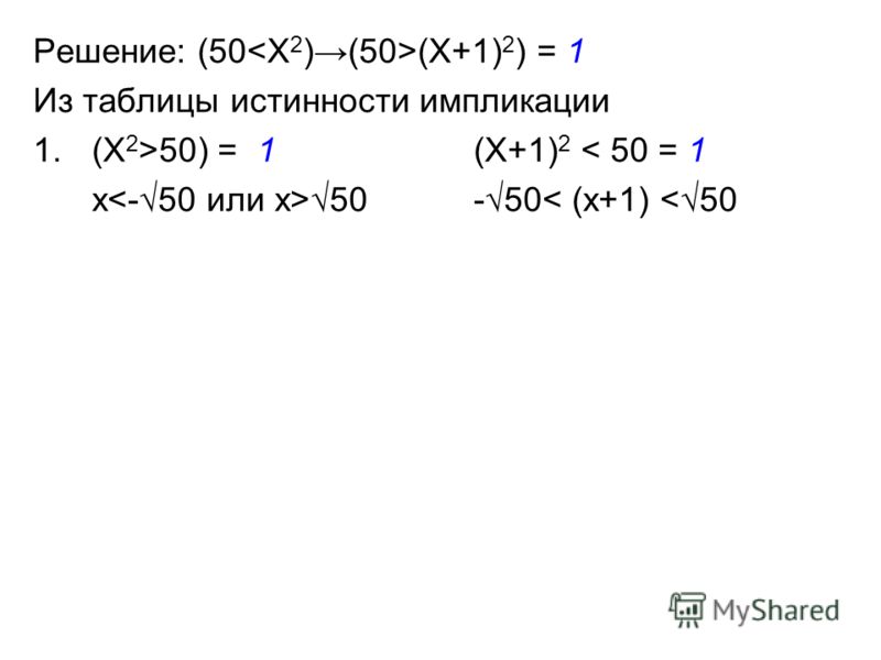 Решение: (50 (X+1) 2 ) = 1 Из таблицы истинности импликации 1.(X 2 >50) = 1 (X+1) 2 < 50 = 1 x 50 -50< (x+1) 