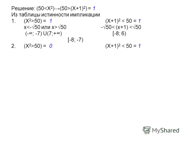 Решение: (50 (X+1) 2 ) = 1 Из таблицы истинности импликации 1.(X 2 >50) = 1 (X+1) 2 < 50 = 1 x 50 -50< (x+1) 50) = 0 (X+1) 2 < 50 = 1