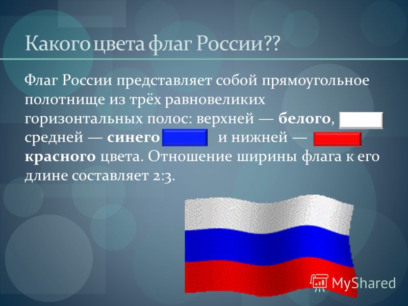Какого цвета флаг России?? Флаг России представляет собой прямоугольное полотнище из трёх равновеликих горизонтальных полос: верхней белого, средней синего и нижней красного цвета. Отношение ширины флага к его длине составляет 2:3.