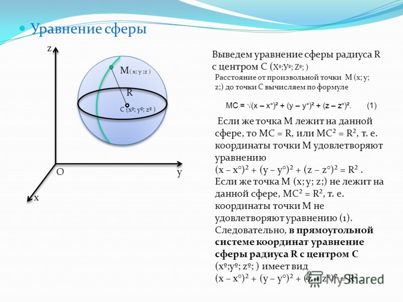 Уравнение сферы С (хº; уº; zº ) R М ( х; у ;z ) z x уО Выведем уравнение сферы радиуса R с центром С ( Хº;Уº; Zº; ) Расстояние от произвольной точки М (х; у; z;) до точки С вычисляем по формуле МС = (х – х°)² + (у – у°)² + (z – z°)². (1) Если же точк