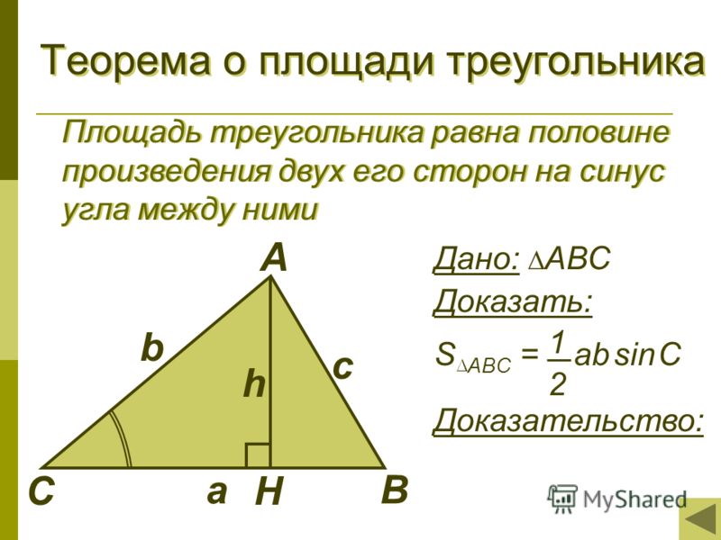Теорема о площади треугольника Площадь треугольника равна половине произведения двух его сторон на синус угла между ними Площадь треугольника равна половине произведения двух его сторон на синус угла между ними С А В с b a h Дано: АВС Доказать: S ABC