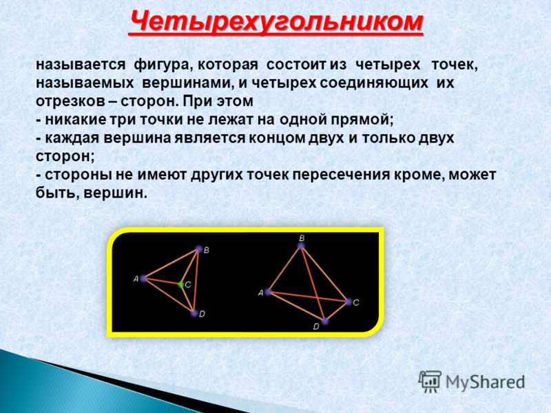 Четырехугольником называется фигура, которая состоит из четырех точек, называемых вершинами, и четырех соединяющих их отрезков – сторон. При этом - никакие три точки не лежат на одной прямой; - каждая вершина является концом двух и только двух сторон