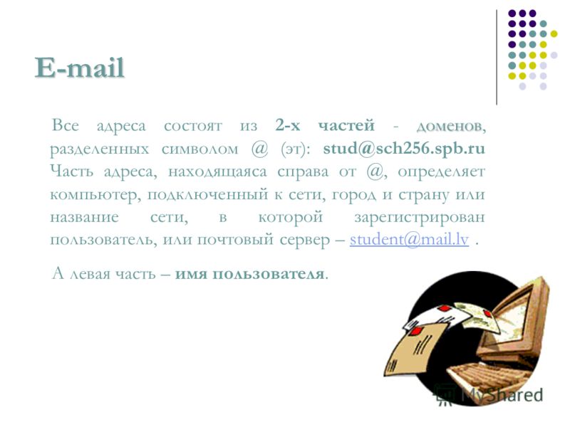 E-mail доменов Все адреса состоят из 2-х частей - доменов, разделенных символом @ (эт): stud@sch256.spb.ru Часть адреса, находящаяса справа от @, определяет компьютер, подключенный к сети, город и страну или название сети, в которой зарегистрирован п