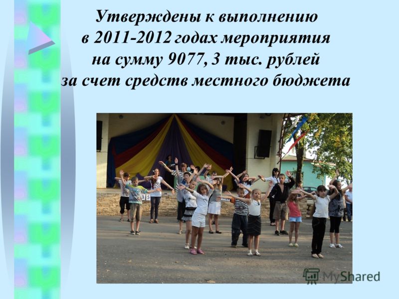 Утверждены к выполнению в 2011-2012 годах мероприятия на сумму 9077, 3 тыс. рублей за счет средств местного бюджета