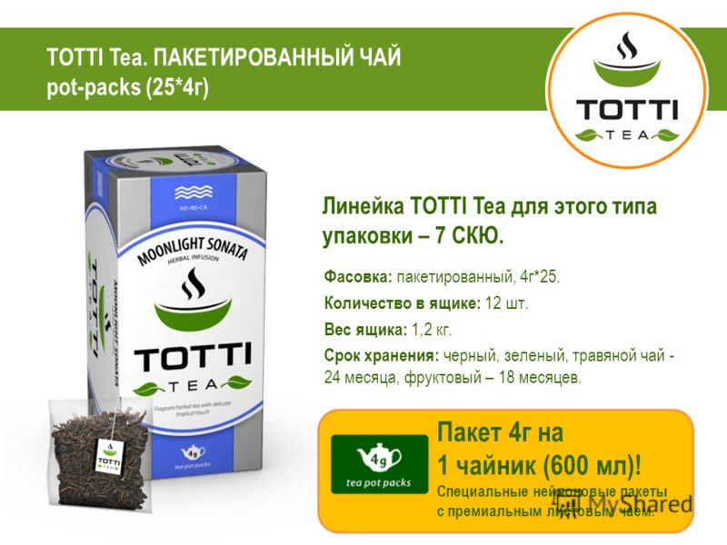 TOTTI Tea. ПАКЕТИРОВАННЫЙ ЧАЙ pot-packs (25*4г) Линейка TOTTI Tea для этого типа упаковки – 7 СКЮ. Фасовка: пакетированный, 4г*25. Количество в ящике: 12 шт. Вес ящика: 1,2 кг. Срок хранения: черный, зеленый, травяной чай - 24 месяца, фруктовый – 18 