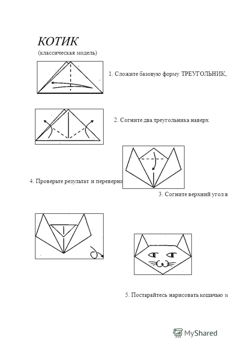 КОТИК (классическая модель) 1. Сложите базовую форму ТРЕУГОЛЬНИК, положите ее прямым углом кверху и перегните пополам 2. Согните два треугольника наверх 4. Проверьте результат и переверните фигурку 3. Согните верхний угол вниз 5. Постарайтесь нарисов