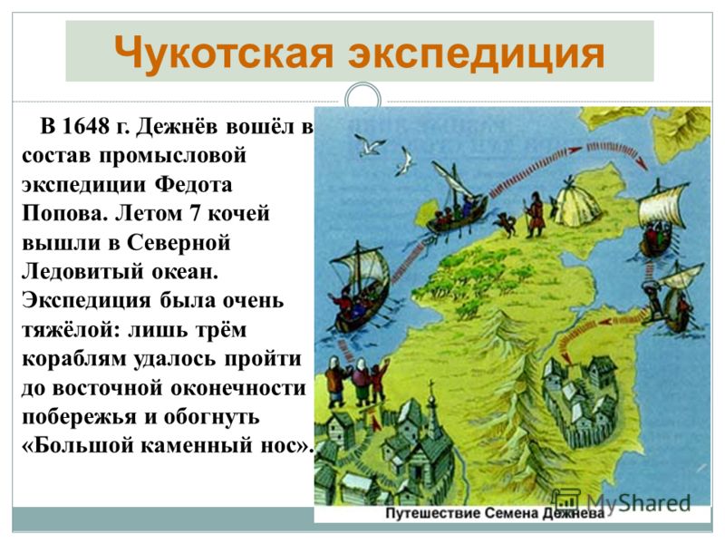 В 1648 г. Дежнёв вошёл в состав промысловой экспедиции Федота Попова. Летом 7 кочей вышли в Северной Ледовитый океан. Экспедиция была очень тяжёлой: лишь трём кораблям удалось пройти до восточной оконечности побережья и обогнуть «Большой каменный нос