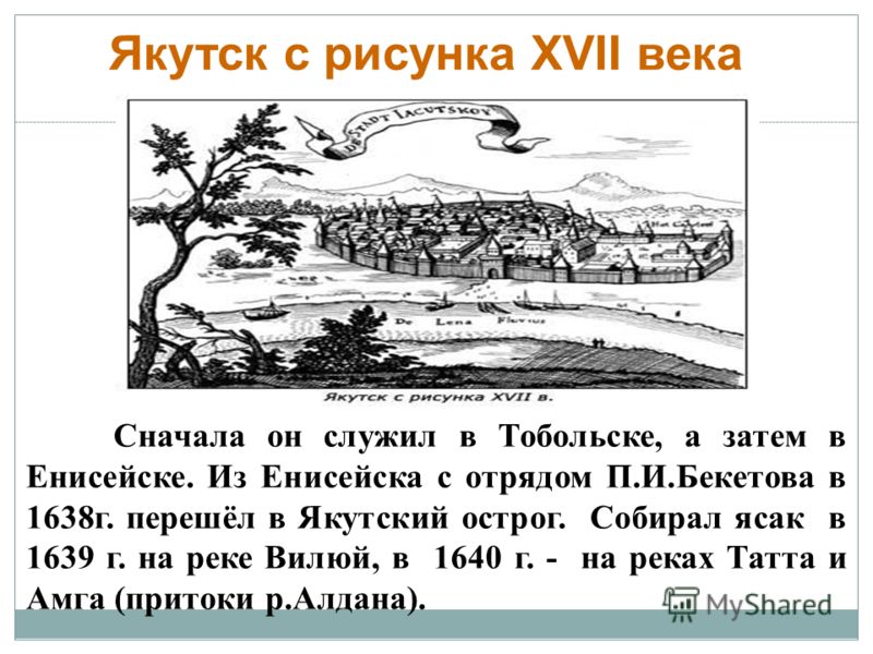 Сначала он служил в Тобольске, а затем в Енисейске. Из Енисейска с отрядом П.И.Бекетова в 1638г. перешёл в Якутский острог. Собирал ясак в 1639 г. на реке Вилюй, в 1640 г. - на реках Татта и Амга (притоки р.Алдана). Якутск с рисунка XVII века