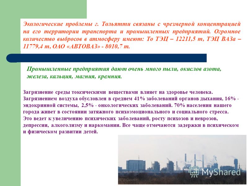 Экологические проблемы г. Тольятти связаны с чрезмерной концентрацией на его территории транспорта и промышленных предприятий. Огромное количество выбросов в атмосферу имеют: То ТЭЦ – 12211,5 т, ТЭЦ ВАЗа – 11779,4 т, ОАО «АВТОВАЗ» - 8010,7 т. Промышл