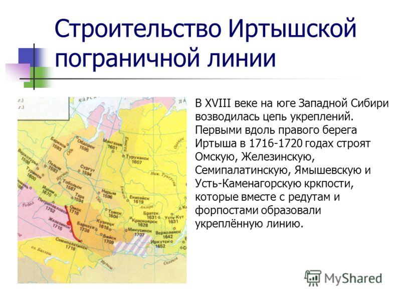 Строительство Иртышской пограничной линии В XVIII веке на юге Западной Сибири возводилась цепь укреплений. Первыми вдоль правого берега Иртыша в 1716-1720 годах строят Омскую, Железинскую, Семипалатинскую, Ямышевскую и Усть-Каменагорскую кркпости, ко