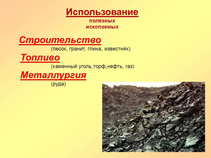 Использование полезных ископаемых Строительство (песок, гранит, глина, известняк) Топливо (каменный уголь,торф,нефть, газ) Металлургия (руда)
