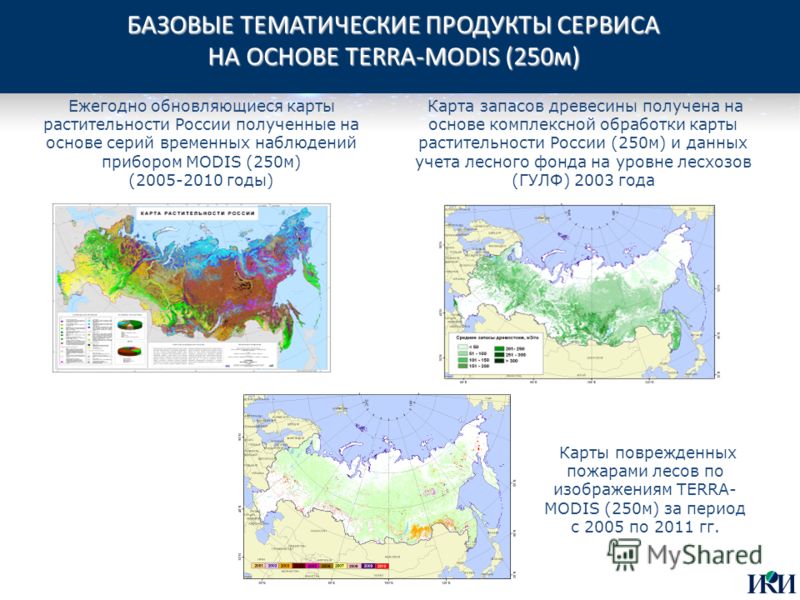 БАЗОВЫЕ ТЕМАТИЧЕСКИЕ ПРОДУКТЫ СЕРВИСА НА ОСНОВЕ TERRA-MODIS (250м) Ежегодно обновляющиеся карты растительности России полученные на основе серий временных наблюдений прибором MODIS (250м) (2005-2010 годы) Карта запасов древесины получена на основе ко