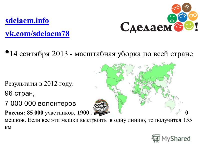 14 сентября 2013 - масштабная уборка по всей стране Результаты в 2012 году: 96 стран, 7 000 000 волонтеров Россия: 85 000 участников, 1900 тонн собранных отходов - это 155 000 мешков. Если все эти мешки выстроить в одну линию, то получится 155 км vk.