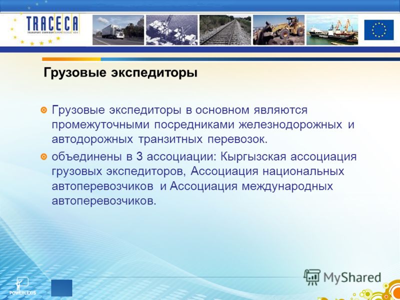 Грузовые экспедиторы в основном являются промежуточными посредниками железнодорожных и автодорожных транзитных перевозок. объединены в 3 ассоциации: Кыргызская ассоциация грузовых экспедиторов, Ассоциация национальных автоперевозчикови Ассоциация меж