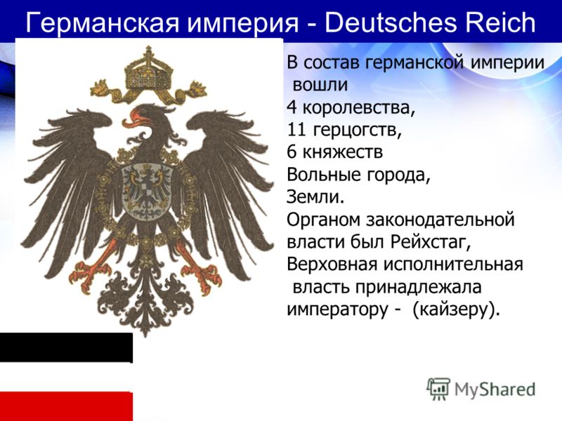 Германская империя - Deutsches Reich В состав германской империи вошли 4 королевства, 11 герцогств, 6 княжеств Вольные города, Земли. Органом законодательной власти был Рейхстаг, Верховная исполнительная власть принадлежала императору - (кайзеру).