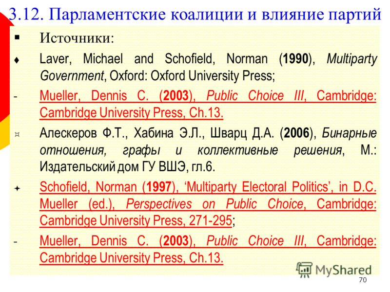 70 Источники: Laver, Michael and Schofield, Norman ( 1990 ), Multiparty Government, Oxford: Oxford University Press; Mueller, Dennis C. ( 2003 ), Public Choice III, Cambridge: Cambridge University Press, Ch.13. Mueller, Dennis C. ( 2003 ), Public Cho