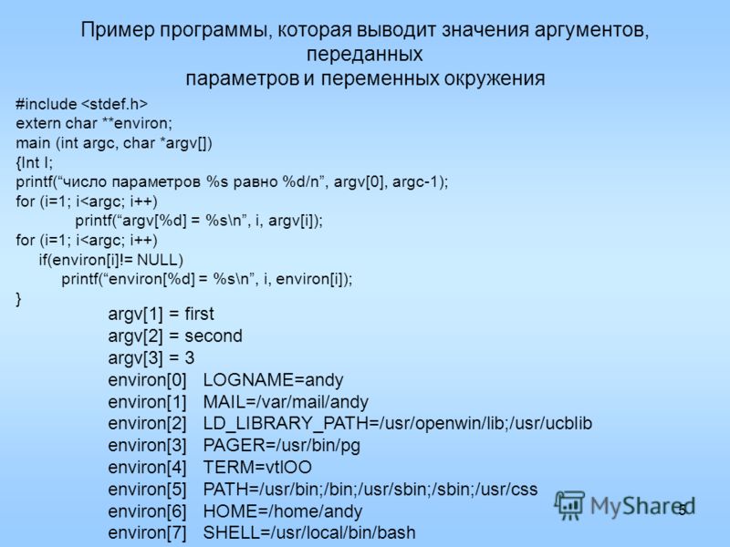 5 Пример программы, которая выводит значения аргументов, переданных параметров и переменных окружения argv[1] = first argv[2] = second argv[3] = 3 environ[0] LOGNAME=andy environ[1] MAIL=/var/mail/andy environ[2] LD_LIBRARY_PATH=/usr/openwin/lib;/usr