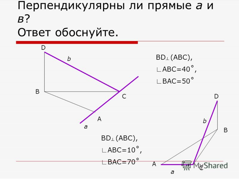 Перпендикулярны ли прямые а и в? Ответ обоснуйте. B A C D a b BD (ABC), ABC=40˚, BAC=50˚ A C B D b a BD (ABC), ABC=10˚, BAC=70˚