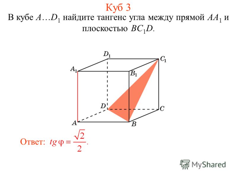 В кубе A…D 1 найдите тангенс угла между прямой AA 1 и плоскостью BC 1 D. Ответ: Куб 3