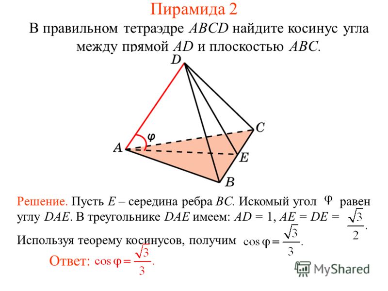 В правильном тетраэдре ABCD найдите косинус угла между прямой AD и плоскостью ABC. Ответ: Решение. Пусть E – середина ребра BC. Искомый угол равен углу DAE. В треугольнике DAE имеем: AD = 1, AE = DE = Используя теорему косинусов, получим Пирамида 2