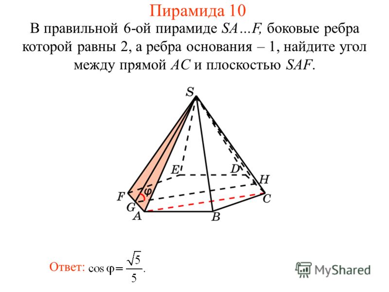 В правильной 6-ой пирамиде SA…F, боковые ребра которой равны 2, а ребра основания – 1, найдите угол между прямой AC и плоскостью SAF. Ответ: Пирамида 10