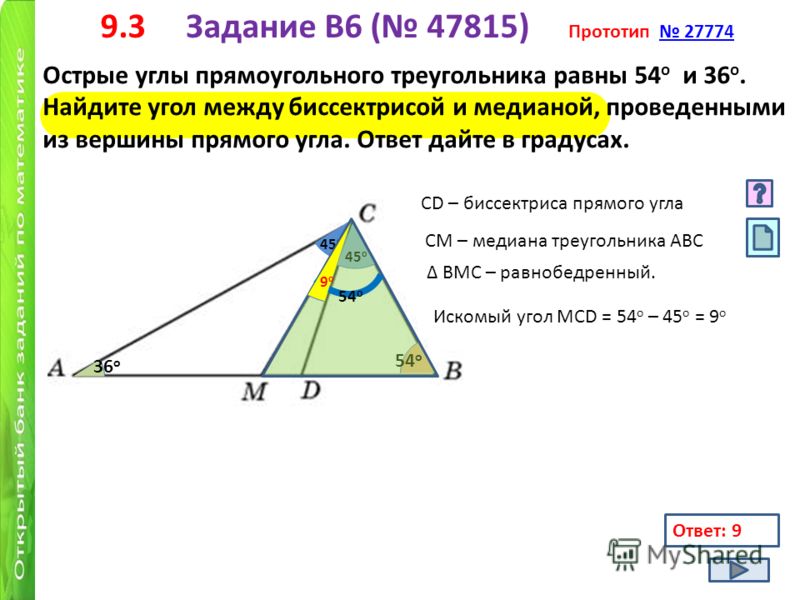 9.3 Задание B6 ( 47815) Прототип 27774 27774 Острые углы прямоугольного треугольника равны 54 о и 36 о. Найдите угол между биссектрисой и медианой, проведенными из вершины прямого угла. Ответ дайте в градусах. 54 о 36 о СD – биссектриса прямого угла 