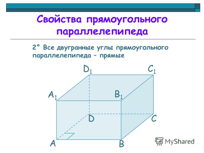 2° Все двугранные углы прямоугольного параллелепипеда – прямые А А1А1 D C B B1B1 C1C1 D1D1 Свойства прямоугольного параллелепипеда