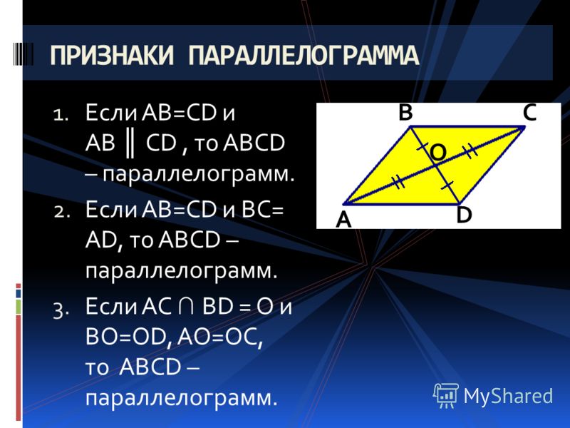 1. Если AB=CD и AB CD, то ABCD – параллелограмм. 2. Если AB=CD и BC= AD, то ABCD – параллелограмм. 3. Если AC BD = O и BO=OD, AO=OC, то ABCD – параллелограмм. ПРИЗНАКИ ПАРАЛЛЕЛОГРАММА А В С D O
