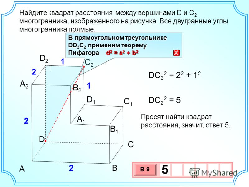Найдите между вершинами D и C 2 многогранника, изображенного на рисунке. Все двугранные углы многогранника прямые. D А2А2 А1А1 В С А D2D2 С1С1 С2С2 D1D1 В1В1 2 2 2 1 1 В2В2 DC 2 2 = 2 2 + 1 2 DC 2 2 = 5 Просят найти квадрат расстояния, значит, ответ 