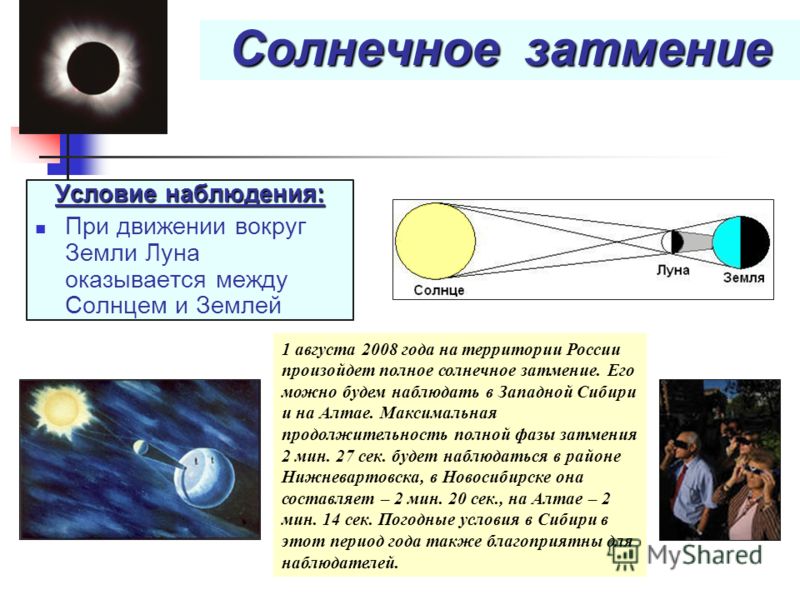 Солнечное затмение Условие наблюдения: При движении вокруг Земли Луна оказывается между Солнцем и Землей 1 августа 2008 года на территории России произойдет полное солнечное затмение. Его можно будем наблюдать в Западной Сибири и на Алтае. Максимальн
