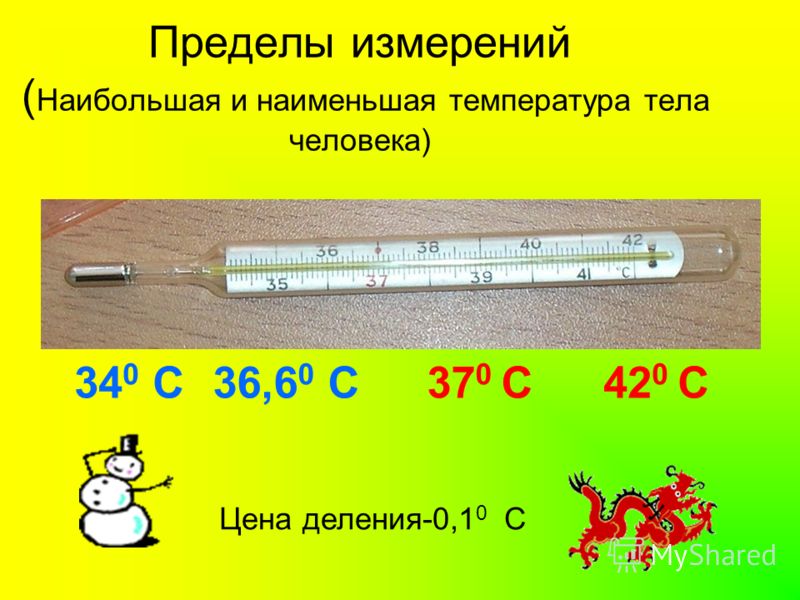 Пределы измерений ( Наибольшая и наименьшая температура тела человека) 34 0 С42 0 С Цена деления-0,1 0 С 36,6 0 С37 0 С