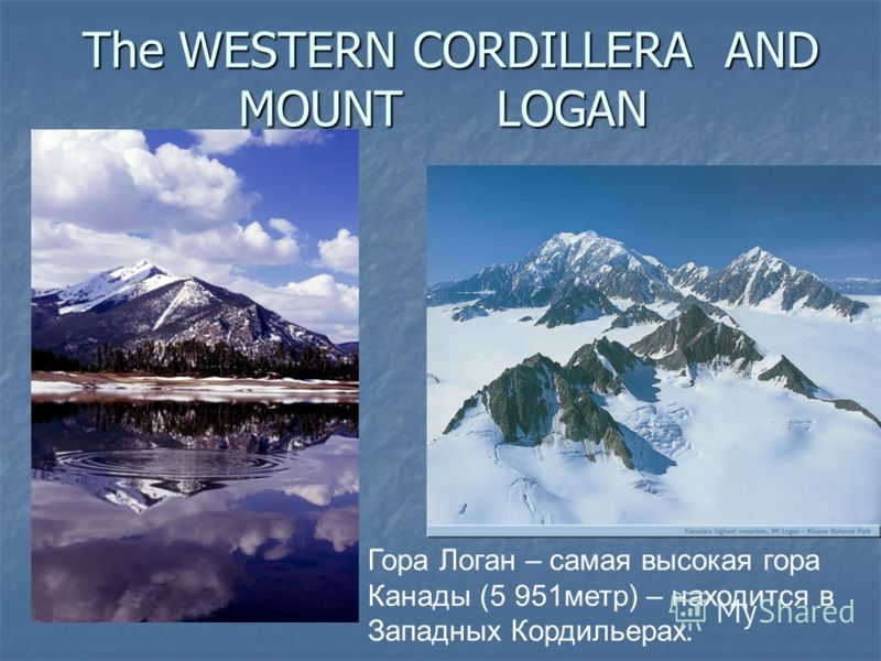 The WESTERN CORDILLERA AND MOUNT LOGAN The WESTERN CORDILLERA AND MOUNT LOGAN Гора Логан – самая высокая гора Канады (5 951метр) – находится в Западных Кордильерах.