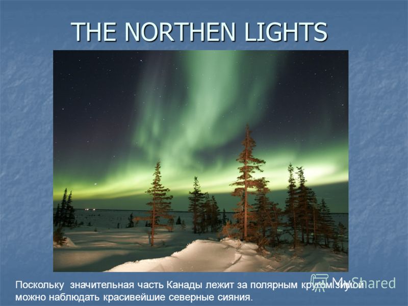 THE NORTHEN LIGHTS THE NORTHEN LIGHTS Поскольку значительная часть Канады лежит за полярным кругом зимой можно наблюдать красивейшие северные сияния.