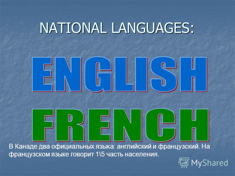 NATIONAL LANGUAGES: NATIONAL LANGUAGES: В Канаде два официальных языка: английский и французский. На французском языке говорит 1\5 часть населения.