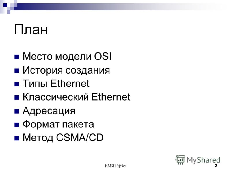 ИМКН УрФУ2 План Место модели OSI История создания Типы Ethernet Классический Ethernet Адресация Формат пакета Метод CSMA/CD