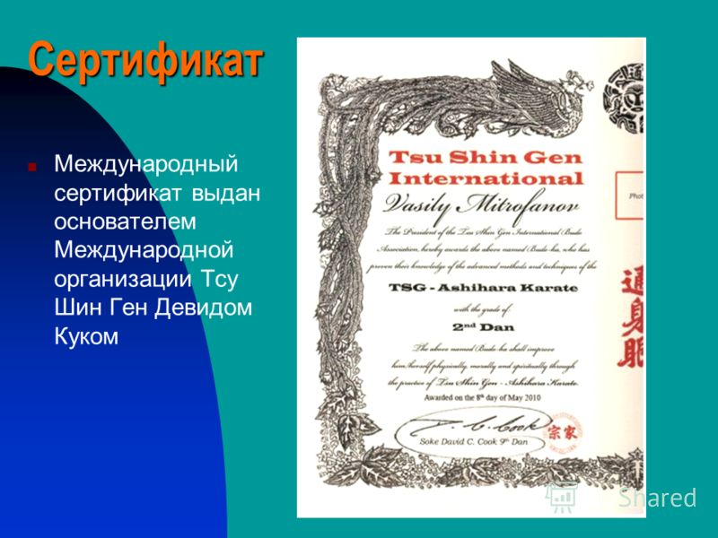 Сертификат Международный сертификат выдан основателем Международной организации Тсу Шин Ген Девидом Куком