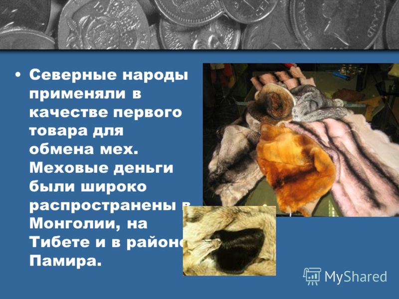 Северные народы применяли в качестве первого товара для обмена мех. Меховые деньги были широко распространены в Монголии, на Тибете и в районе Памира.
