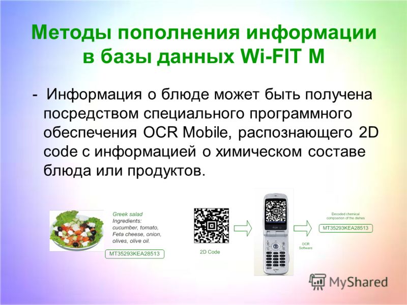 Методы пополнения информации в базы данных Wi-FIT M - Информация о блюде может быть получена посредством специального программного обеспечения OCR Mobile, распознающего 2D code с информацией о химическом составе блюда или продуктов.