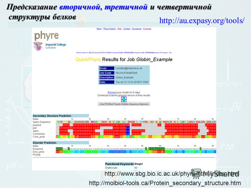 Предсказание вторичной, третичной и четвертичной структуры белков структуры белков http://www.sbg.bio.ic.ac.uk/phyre/html/index.html http://au.expasy.org/tools/ http://molbiol-tools.ca/Protein_secondary_structure.htm