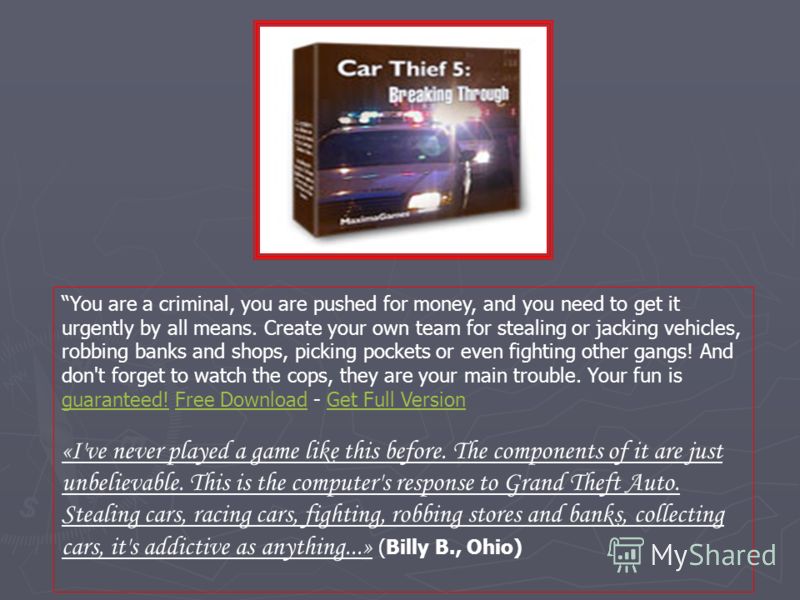 You are a criminal, you are pushed for money, and you need to get it urgently by all means. Create your own team for stealing or jacking vehicles, robbing banks and shops, picking pockets or even fighting other gangs! And don't forget to watch the co