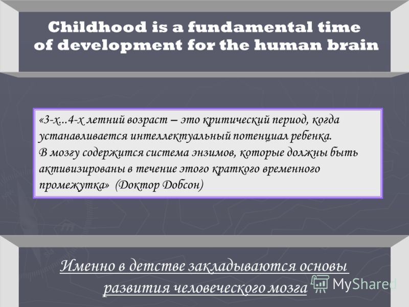 Childhood is a fundamental time of development for the human brain «3-х...4-х летний возраст – это критический период, когда устанавливается интеллектуальный потенциал ребенка. В мозгу содержится система энзимов, которые должны быть активизированы в 