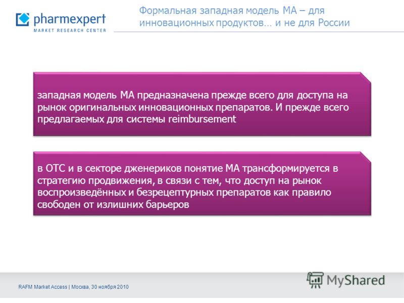 RAFM Market Access | Москва, 30 ноября 2010 западная модель МА предназначена прежде всего для доступа на рынок оригинальных инновационных препаратов. И прежде всего предлагаемых для системы reimbursement в ОТС и в секторе дженериков понятие МА трансф