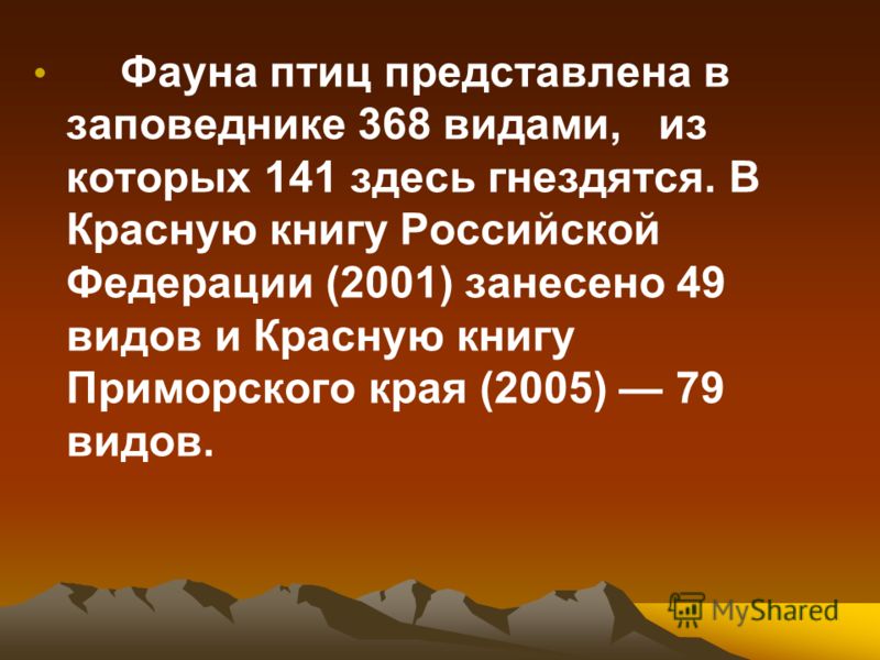 Фауна птиц представлена в заповеднике 368 видами, из которых 141 здесь гнездятся. В Красную книгу Российской Федерации (2001) занесено 49 видов и Красную книгу Приморского края (2005) 79 видов.